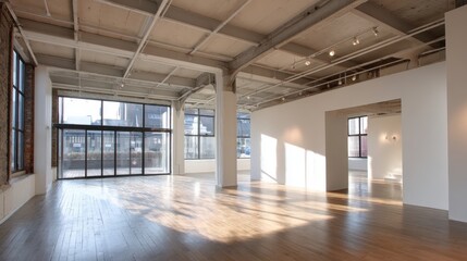 Fototapeta premium Bright and Spacious Loft Interior with Hardwood Floors and Large Windows for Commercial Use