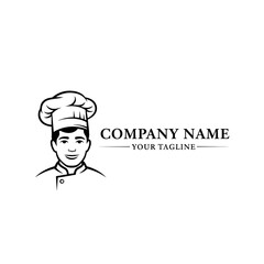 A black and white illustration of a smiling chef wearing a tall toque hat and uniform.