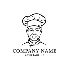 Chef portrait logo with hat, smiling face, and company name.