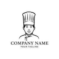 Black and white line art logo of a smiling chef wearing a tall toque, with placeholder text for company name and tagline.