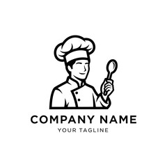 A black and white logo of a smiling male chef in a uniform and hat, holding a spoon for a company.
