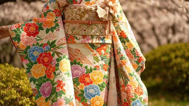 A vibrant Japanese kimono adorned with colorful peony flowers is showcased outdoors.