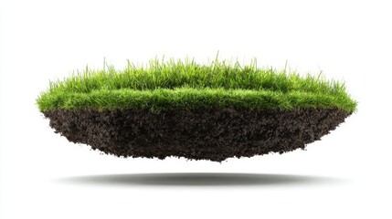 Floating Island of Green Grass and Soil Isolated on White Background for Environmental Concepts