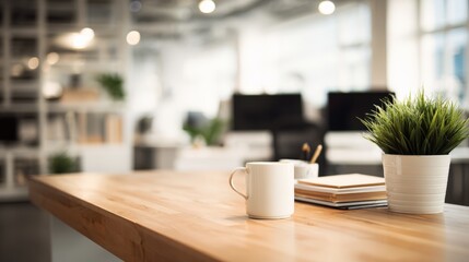 Fototapeta premium Modern Workspace with Minimalist Desk Setup Featuring Coffee Cup, Plant, and Book, Creating a Productive Atmosphere