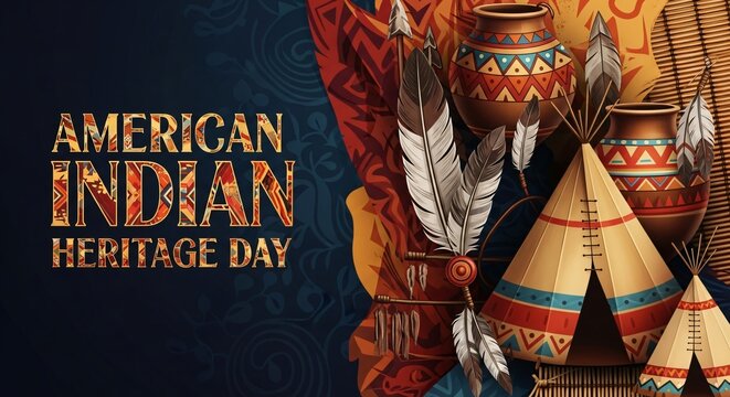 American Indian Heritage Day Celebration Feathers Pottery Teepees Native American Culture Illustration