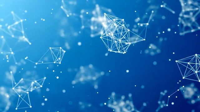 Abstract, blue background with connected white dots and lines, creating a network pattern in 3D, like data connections or molecular structures - Powered by Adobe