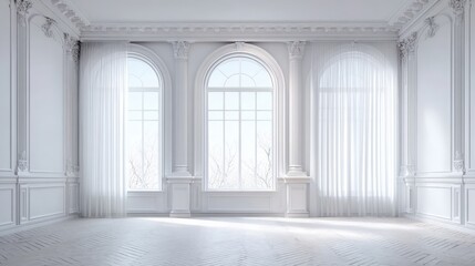 Elegant Empty Room with Arched Windows and White Curtains, Classic Interior Design