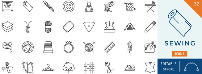 Sewing icon collection set. Editable stroke.
