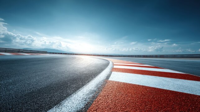 Dynamic Low Angle View of Asphalt Race Track Under a Bright Blue Sky, Perfect for Speed Concepts