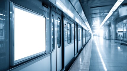 Subway Train with Blank Billboard Mockup at Station Platform in Urban Setting