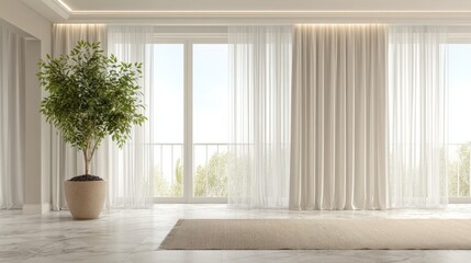 Fototapeta premium Bright living room with sheer curtains, potted tree, marble floors, and a scenic view.