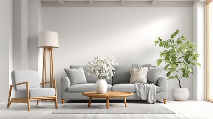 Obraz premium Contemporary Living Room Interior with Neutral Tones, Natural Light, Comfortable Seating, and Decorative Accents for Relaxation