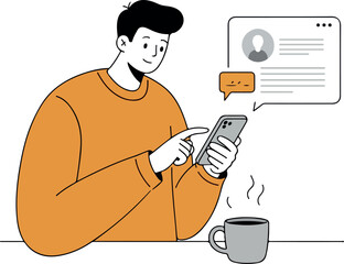 Man Browsing Phone with Coffee Flat Design Minimalist Orange Sweater