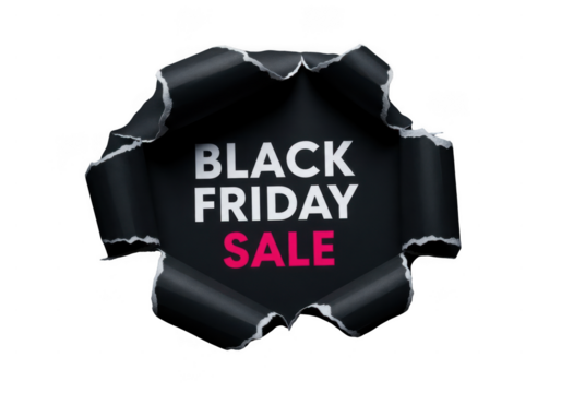 Black friday sale announcement with torn paper effect isolated on transparent background, promoting seasonal discounts. Black friday sale announcement ripped paper effect