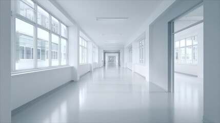 Fototapeta premium Clean Hospital Interior With Light Tones and Natural Light Through Large Windows, Emphasizing Cleanliness
