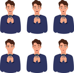 Man Faces Expressions Holding Smartphone Flat Design Icons Set Isolated