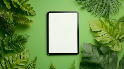 Modern tablet device displaying a blank screen positioned centrally on a vivid green backdrop with assorted green leaves