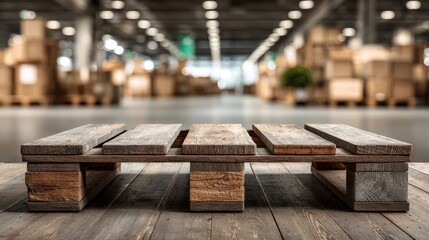 Wooden Pallet in Warehouse Interior with Blurred Boxes - Industrial, Logistics, Storage Background