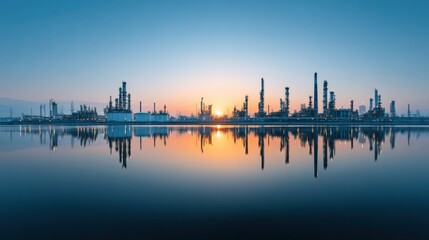 Fototapeta premium Industrial Complex at Sunset: Reflections on Water for Energy Production and Manufacturing