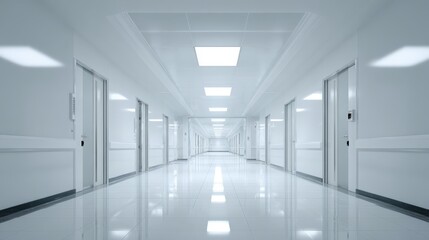 Hospital Interior with Long Corridor and Rooms for Patients - Clean, Modern Architecture