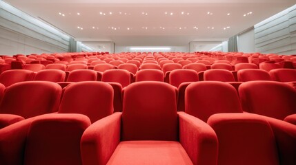 Fototapeta premium Empty Theater Seating with Red Chairs, an inviting space for various events and performances, ready for audience