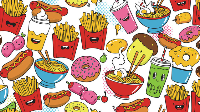 Playful seamless pattern features vibrant cartoon illustrations of fast food items like hot dogs, fries, ramen bowls, and donuts, all with cheerful faces. Perfect for food-themed designs, restaurant