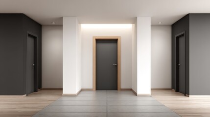 Obraz premium Symmetrical Interior Featuring Doors and Architectural Columns in a Modern Building, Hallway, and Minimalist Design