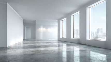 Fototapeta premium Modern Empty Office Space with Polished Concrete Floors and City View, Ideal for Interior Design Mockups