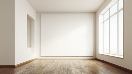 Obraz premium Bright Empty Interior Space with Large Windows and Wooden Floor, Mockup Canvas for Art Presentation