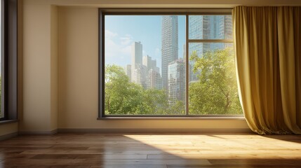 Fototapeta premium Sunlit Empty Room Interior with Cityscape View, Hardwood Floors and Minimalist Design, Ideal for Real Estate or Design Mockups