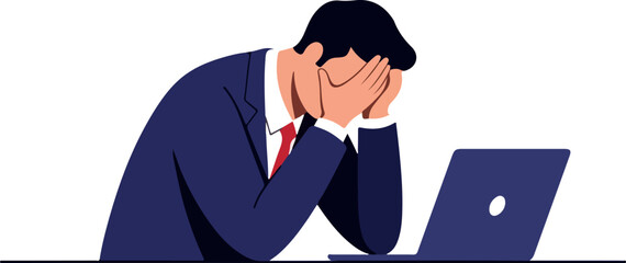 Man In Suit Holds Head In Hands Frustration At Laptop Computer Flat Design