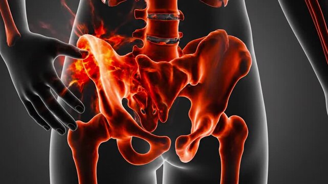 Anatomical view of a human pelvis and hand with glowing orange bones on a dark gray background