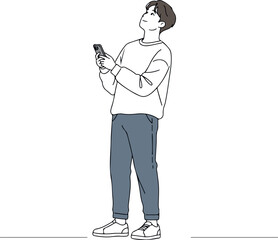 Man Looking Up Holding Smartphone Minimalist Line Art Vector