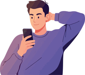 Man Relaxing With Smartphone Flat Design Vector Illustration Purple Sweatshirt
