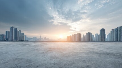 Cityscape View with Concrete Platform Under Dramatic Sky at Sunset Offering Commercial Space