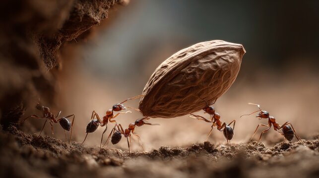 Ants carrying nut teamwork