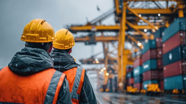 Two dockworkers overseeing freight transport at a busy shipping port, logistic services, and supply chain