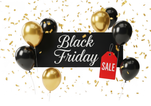 Elegant black friday sale banner with gold and black balloons isolated on transparent background. Black friday sale with balloons and confetti
