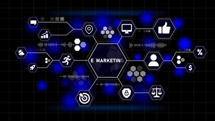 Digital E- Marketing Network with Icons and Globe on Dark Grid Background e-marketing digital marketing - Powered by Adobe