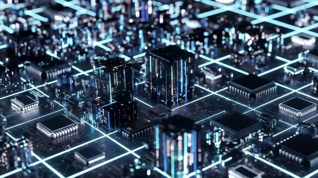 Futuristic digital cityscape with circuits and glowing lines, abstract network and data processing concept. Represents data flow - Powered by Adobe