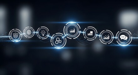 Digital network of interconnected glowing icons representing technology and business concepts on a dark background
