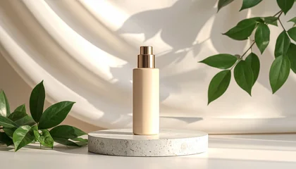 Fototapete Badezimmer A minimalist natural beige cosmetic product  placed on a polished stone podium, surrounded by fresh green vines and tropical leaves cascading around the edges. Soft morning light diffuses through tran  © deni
