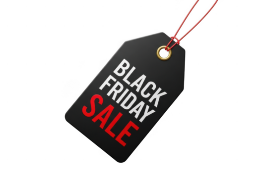 Black friday sale tag isolated on transparent background, perfect for advertising your discount event and promotions. Black friday sale tag with red string - Powered by Adobe