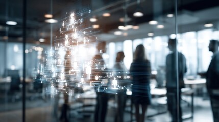 Modern Business Team Collaboration with Futuristic Technology Overlay, Office Environment, Networking and Innovation