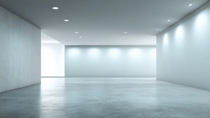 Obraz premium Modern White Gallery Interior with Polished Concrete Floor and Spotlights for Art Exhibition