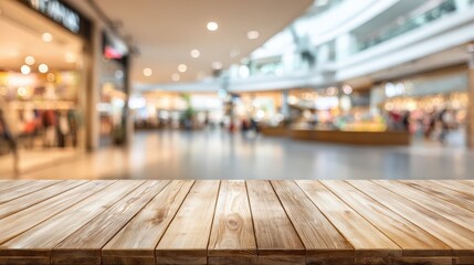 Empty Wooden Table Top with Blurred Shopping Mall Background, Ideal for Product Placement and Mockups