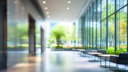 Blurred Modern Office Lobby with Natural Light and Greenery Outside, Ideal for Backgrounds