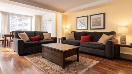 Fototapeta premium Inviting Living Room Interior with Neutral Walls, Wood Floors, Comfortable Sofas and Stylish Decor For Relaxing