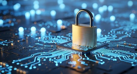 Digital padlock securing a glowing computer chip on a circuit board representing cybersecurity and data protection