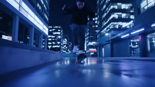 Young man performing a skateboard trick at night on a wet urban street with blue lights